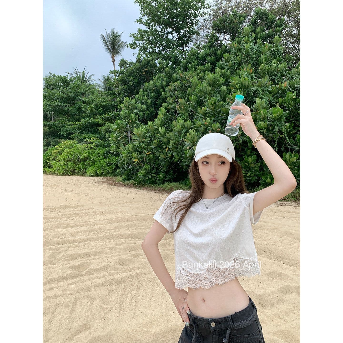 밤나무 코코아 bankelili 산소 miu 버전 천 골드 센스 레이스 레이스 티셔츠 슬림해 보이는 여성
