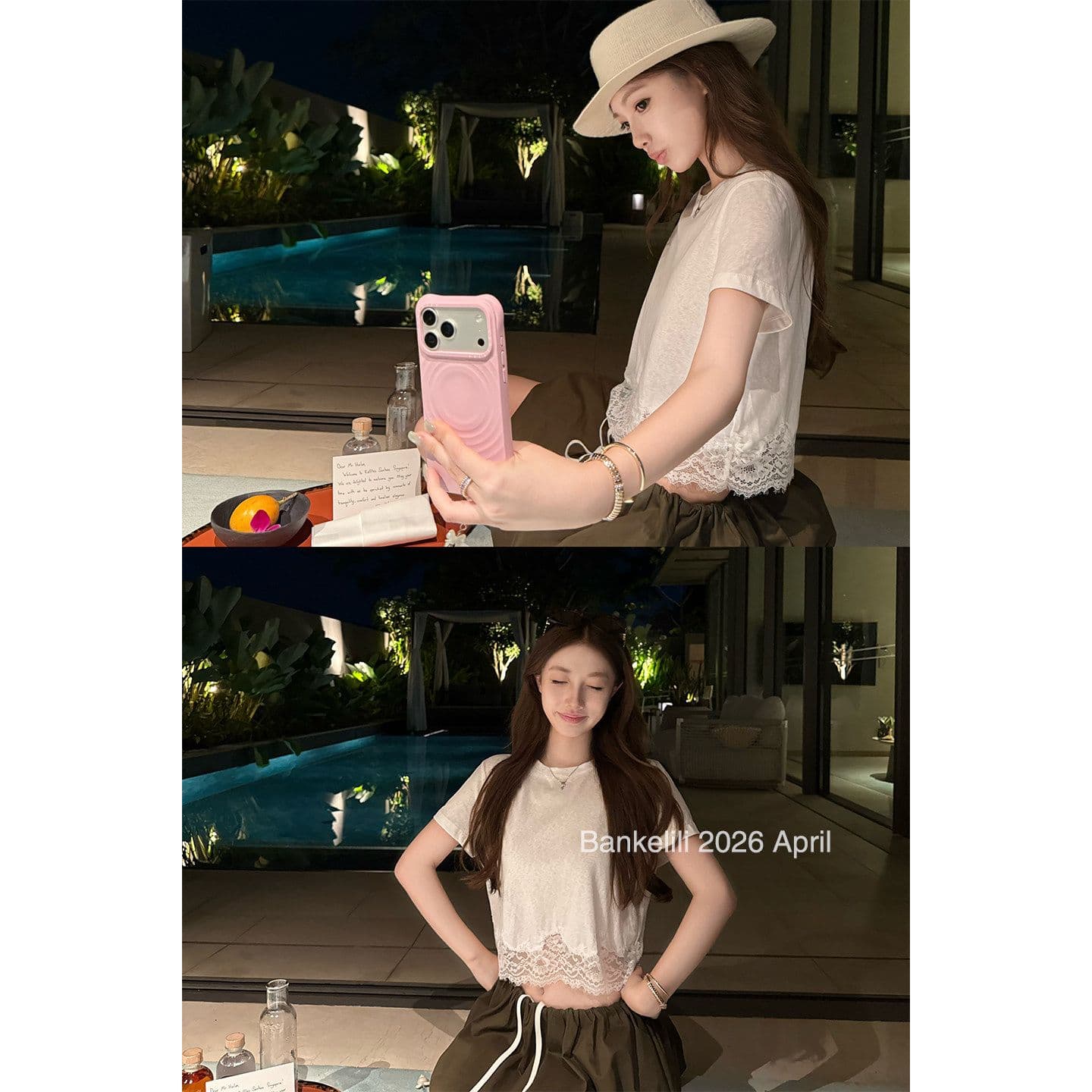 밤나무 코코아 bankelili 산소 miu 버전 천 골드 센스 레이스 레이스 티셔츠 슬림해 보이는 여성 이미지 3