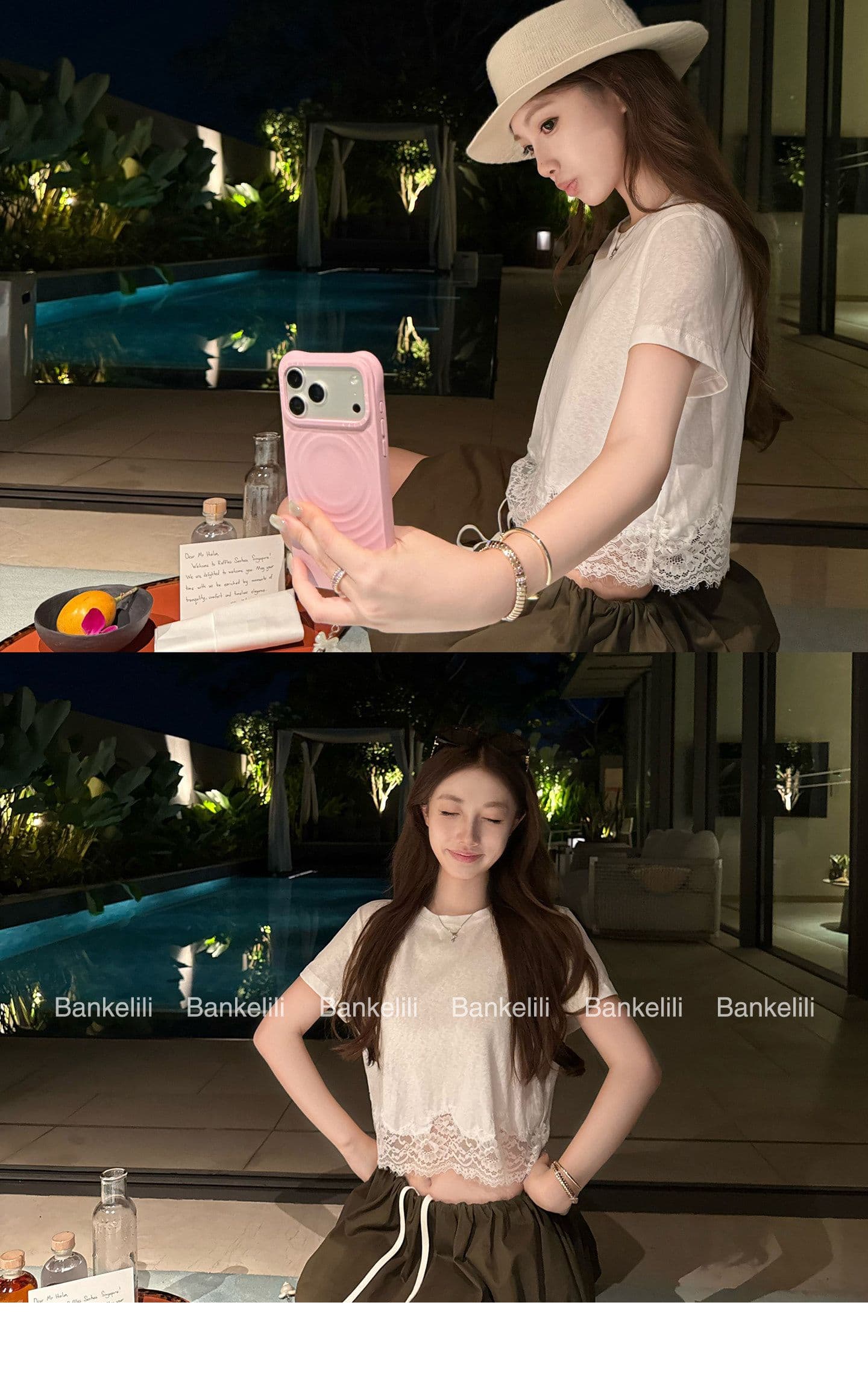 밤나무 코코아 bankelili 산소 miu 버전 천 골드 센스 레이스 레이스 티셔츠 슬림해 보이는 여성 상세 이미지 1