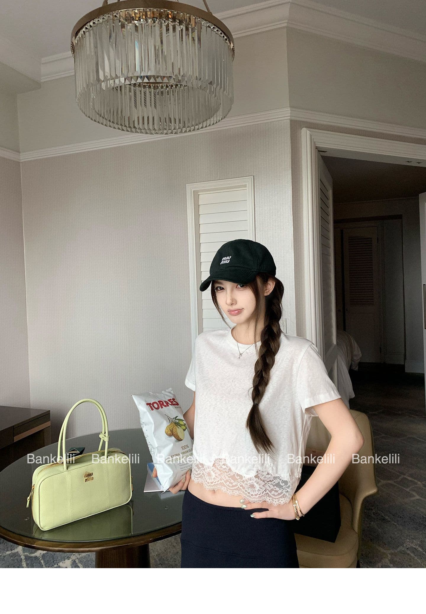 밤나무 코코아 bankelili 산소 miu 버전 천 골드 센스 레이스 레이스 티셔츠 슬림해 보이는 여성 상세 이미지 2