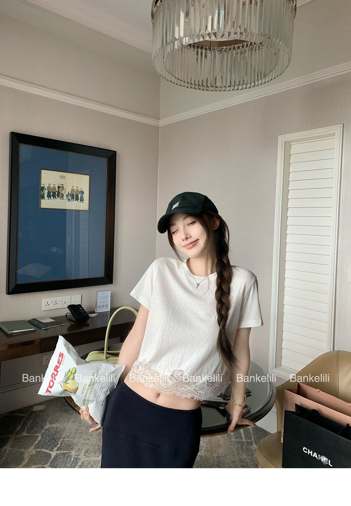 밤나무 코코아 bankelili 산소 miu 버전 천 골드 센스 레이스 레이스 티셔츠 슬림해 보이는 여성 상세 이미지 4