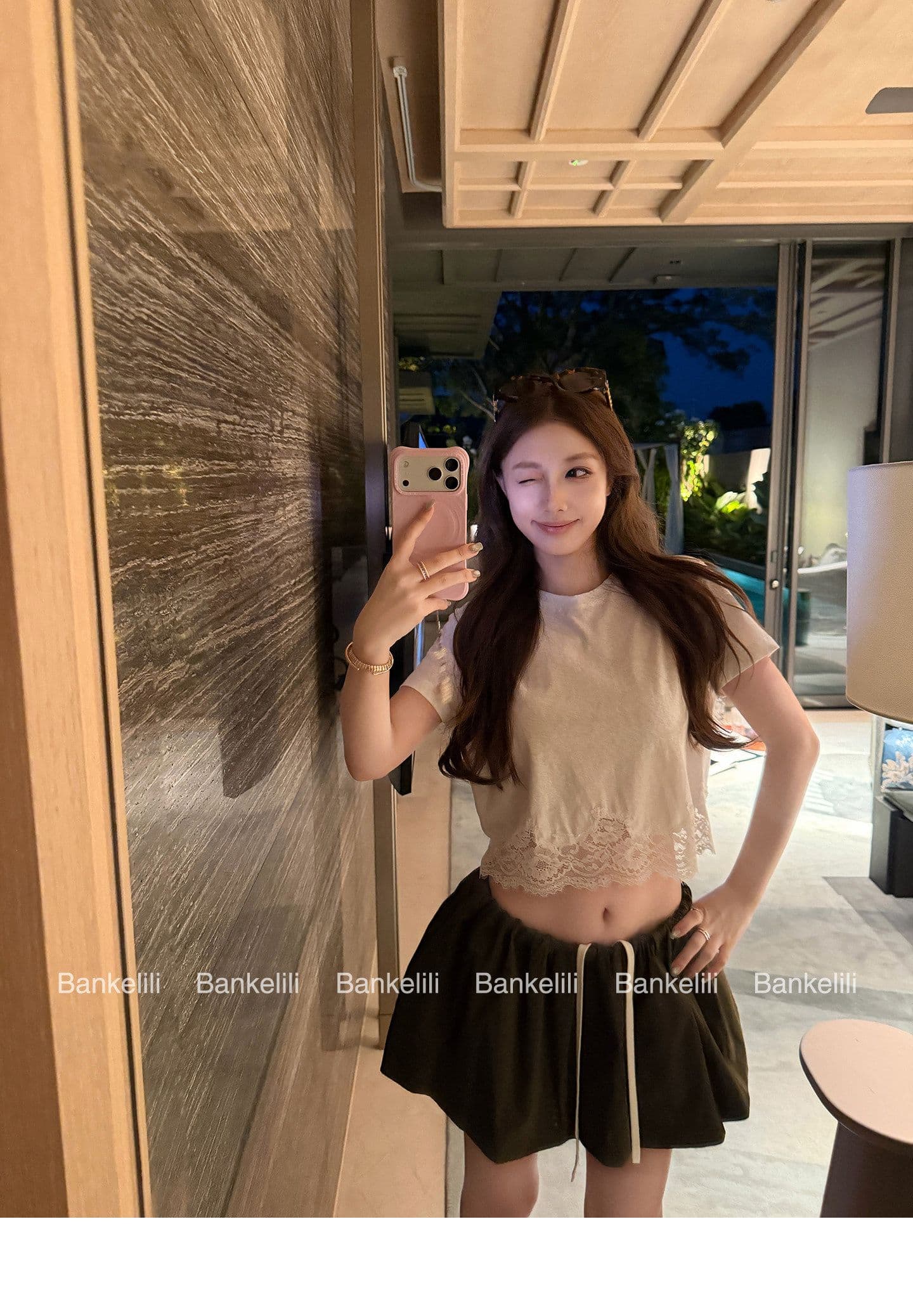 밤나무 코코아 bankelili 산소 miu 버전 천 골드 센스 레이스 레이스 티셔츠 슬림해 보이는 여성 상세 이미지 17