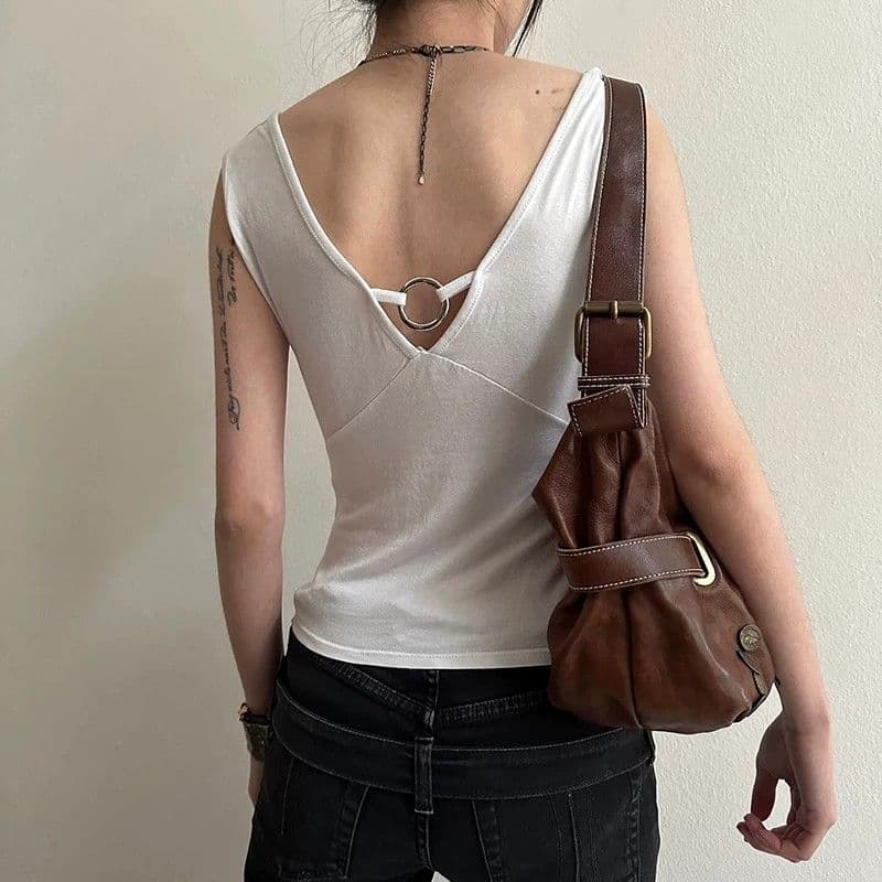 작은 대중 레트로 흔들다 칼라 페이크 레이어드 패치워크 십자가 핫픽스 민소매 조끼 백리스 허리 수축 맨위 이미지 2