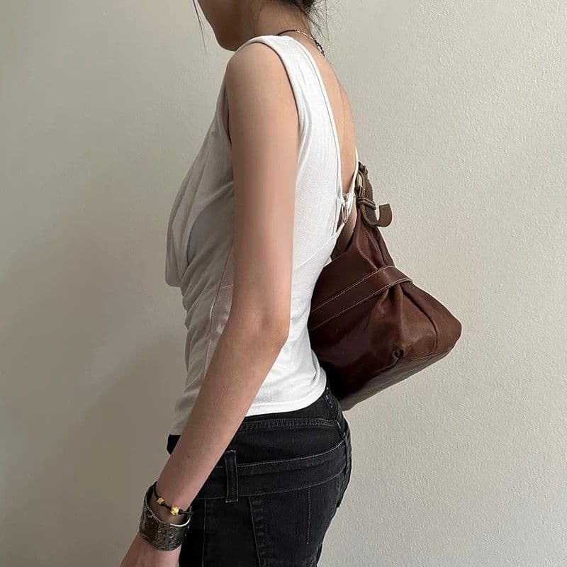 작은 대중 레트로 흔들다 칼라 페이크 레이어드 패치워크 십자가 핫픽스 민소매 조끼 백리스 허리 수축 맨위 상세 이미지 2