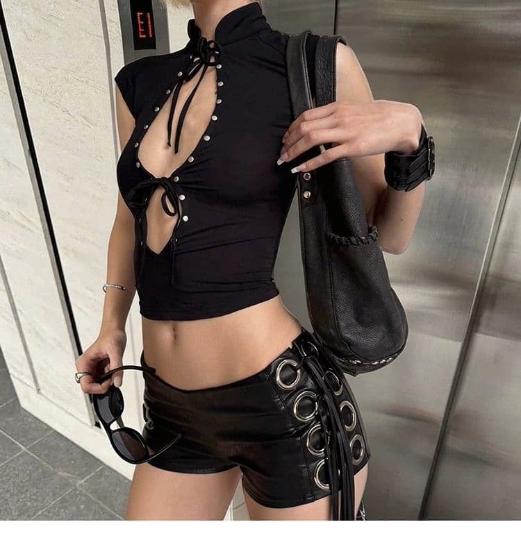 다크 새로운 중식 핫걸 징 레이스업 민소매 조끼 여성 섹시함 홀로우 아웃 몸매 가꾸기 짧은 맨위 상세 이미지 2