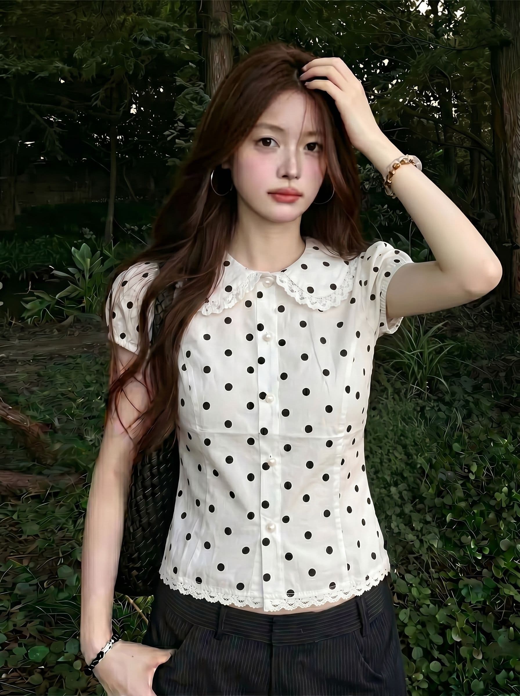 원본 원단 솜씨 한 부서 레트로 달콤함 화이트 도트 무늬 베이비 칼라 반팔 여성 셔츠 이미지 4