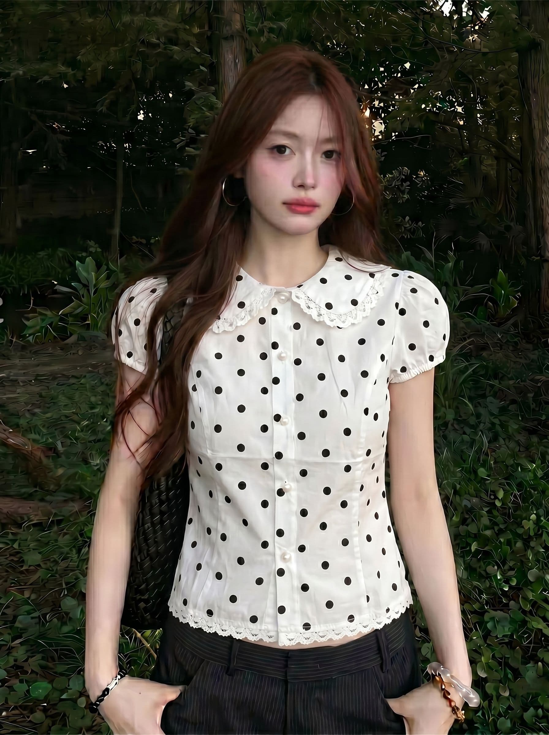원본 원단 솜씨 한 부서 레트로 달콤함 화이트 도트 무늬 베이비 칼라 반팔 여성 셔츠 상세 이미지 1