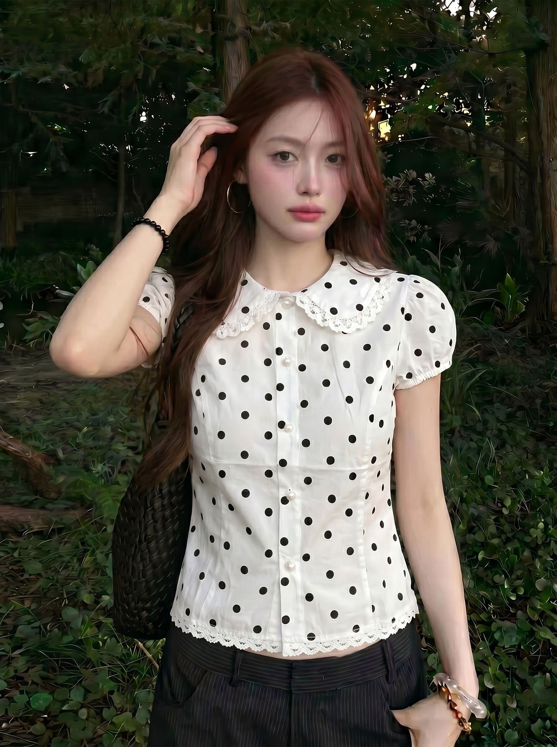 원본 원단 솜씨 한 부서 레트로 달콤함 화이트 도트 무늬 베이비 칼라 반팔 여성 셔츠 상세 이미지 3