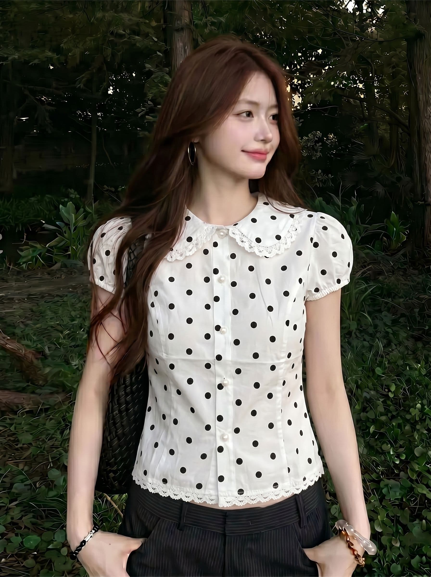 원본 원단 솜씨 한 부서 레트로 달콤함 화이트 도트 무늬 베이비 칼라 반팔 여성 셔츠 상세 이미지 4
