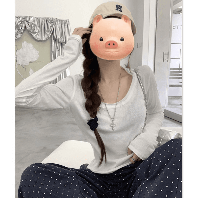 140 크 75 면 25 폴리에스터 눈꽃 면 화이트 자외선 차단 볼륨 측면 u 칼라 얇은 스타일 긴팔 티셔츠 여성 짧은 맨위 상세 이미지 5