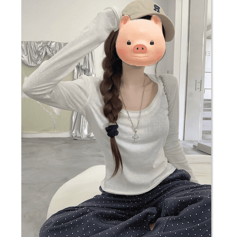 140 크 75 면 25 폴리에스터 눈꽃 면 화이트 자외선 차단 볼륨 측면 u 칼라 얇은 스타일 긴팔 티셔츠 여성 짧은 맨위 상세 이미지 13