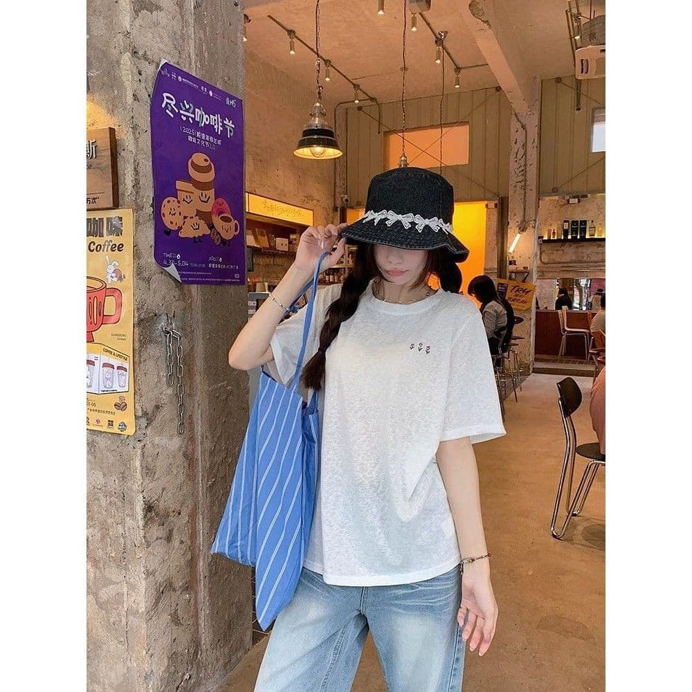 면 75 집결하다 섬유 25 초록 초록 눈꽃 면 긍정적 인 어깨 루즈핏 한 부서 반팔 티셔츠 여성 다용도 여름 이미지 4