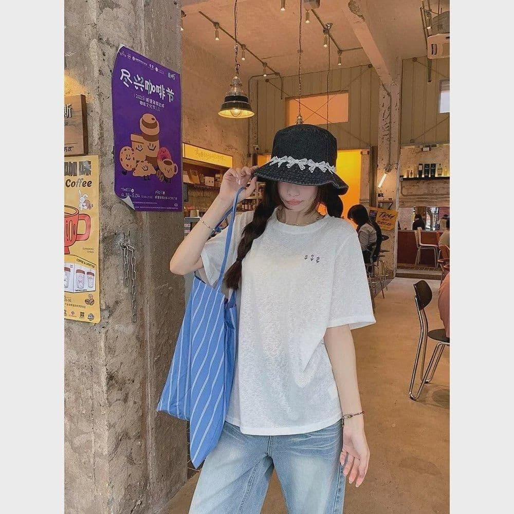 면 75 집결하다 섬유 25 초록 초록 눈꽃 면 긍정적 인 어깨 루즈핏 한 부서 반팔 티셔츠 여성 다용도 여름 상세 이미지 3