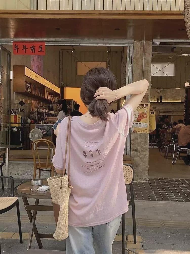 면 75 집결하다 섬유 25 초록 초록 눈꽃 면 긍정적 인 어깨 루즈핏 한 부서 반팔 티셔츠 여성 다용도 여름 상세 이미지 6