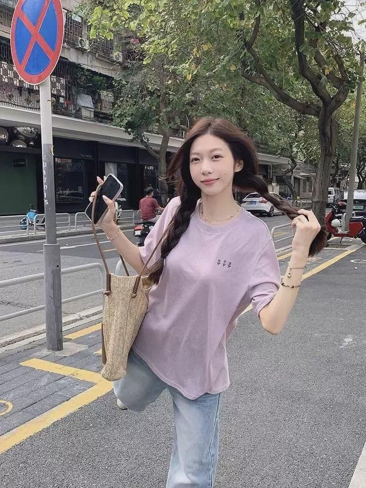 면 75 집결하다 섬유 25 초록 초록 눈꽃 면 긍정적 인 어깨 루즈핏 한 부서 반팔 티셔츠 여성 다용도 여름 상세 이미지 7