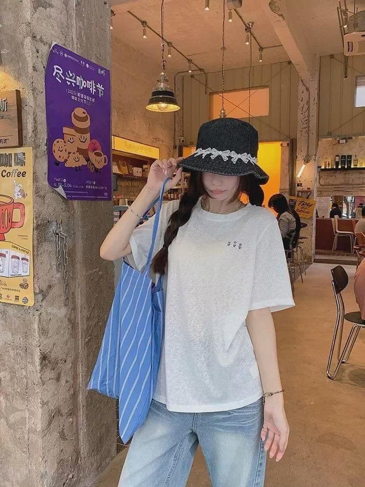 면 75 집결하다 섬유 25 초록 초록 눈꽃 면 긍정적 인 어깨 루즈핏 한 부서 반팔 티셔츠 여성 다용도 여름 상세 이미지 12