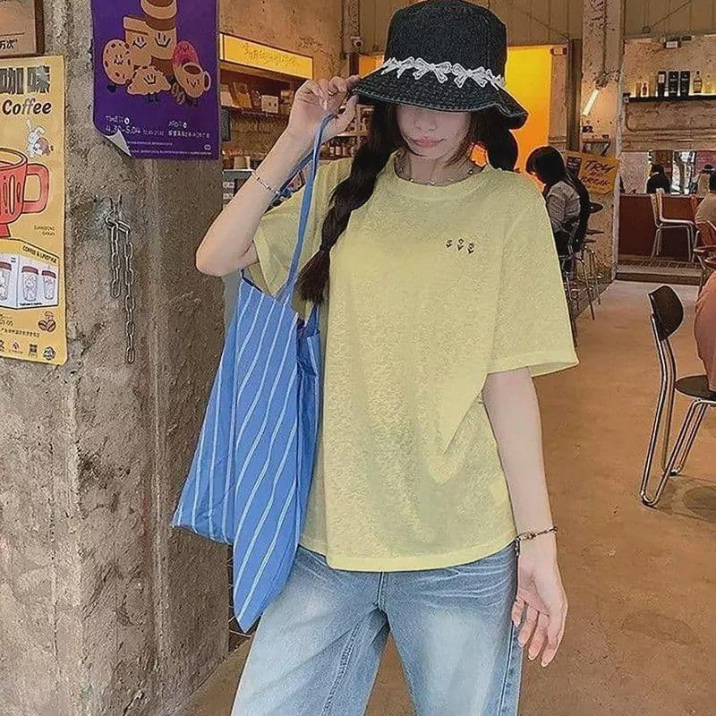 면 75 집결하다 섬유 25 초록 초록 눈꽃 면 긍정적 인 어깨 루즈핏 한 부서 반팔 티셔츠 여성 다용도 여름 상세 이미지 19