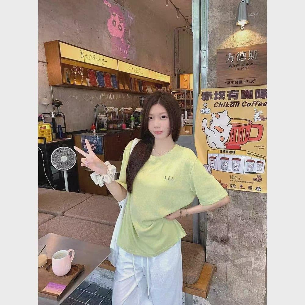 면 75 집결하다 섬유 25 초록 초록 눈꽃 면 긍정적 인 어깨 루즈핏 한 부서 반팔 티셔츠 여성 다용도 여름 상세 이미지 21