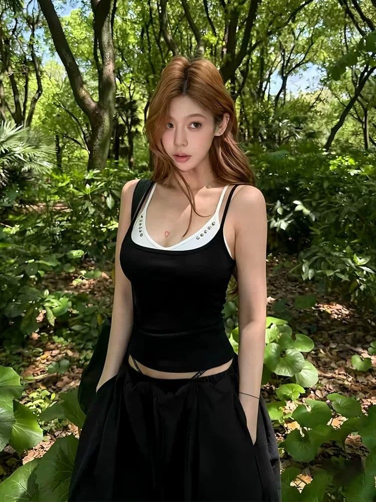 40 순면 아메리칸 핫걸 작은 대중 디자인 센스 징 배색 페이크 레이어드 캐미솔 민소매 맨위 상세 이미지 1