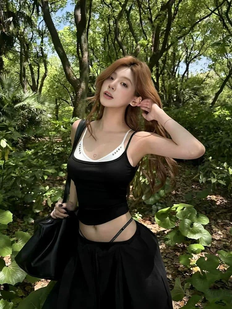 40 순면 아메리칸 핫걸 작은 대중 디자인 센스 징 배색 페이크 레이어드 캐미솔 민소매 맨위 상세 이미지 2