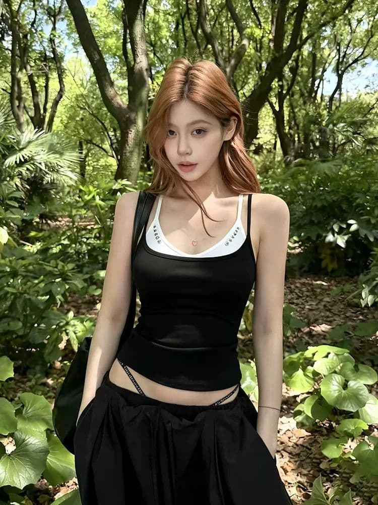 40 순면 아메리칸 핫걸 작은 대중 디자인 센스 징 배색 페이크 레이어드 캐미솔 민소매 맨위 상세 이미지 3