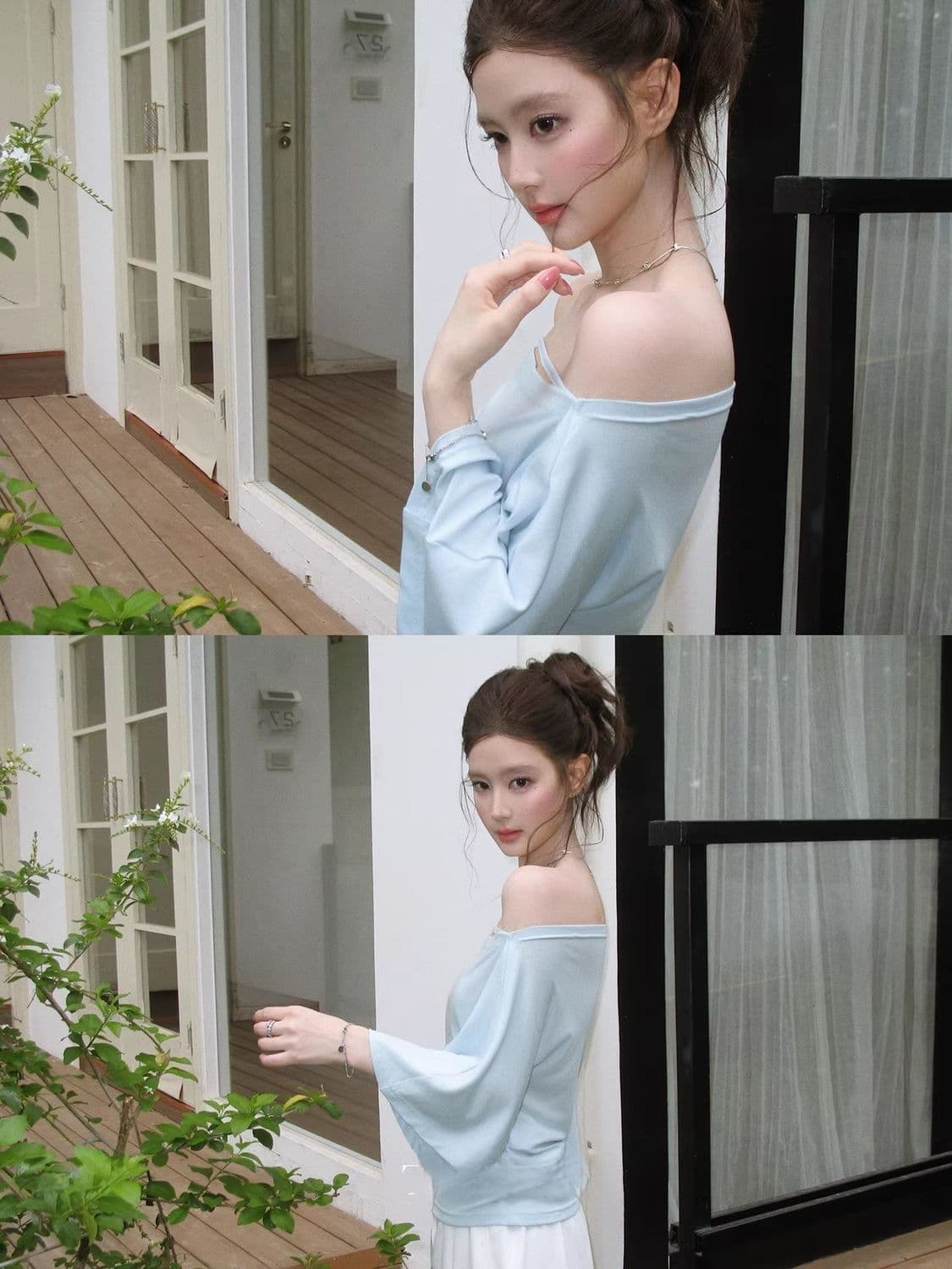 2026 여름 새로운 부드러운 하늘색 오프숄더 맨위 티셔츠 여성 여름 루즈핏 다용도 블라우스 상세 이미지 5