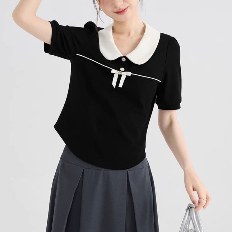순면 2026 여름 새로운 여성 POLO 칼라 반팔 맨위 패션 다용도 폴로 칼라 달콤함 루즈핏 슬림해 보이는 트렌디 상세 이미지 3