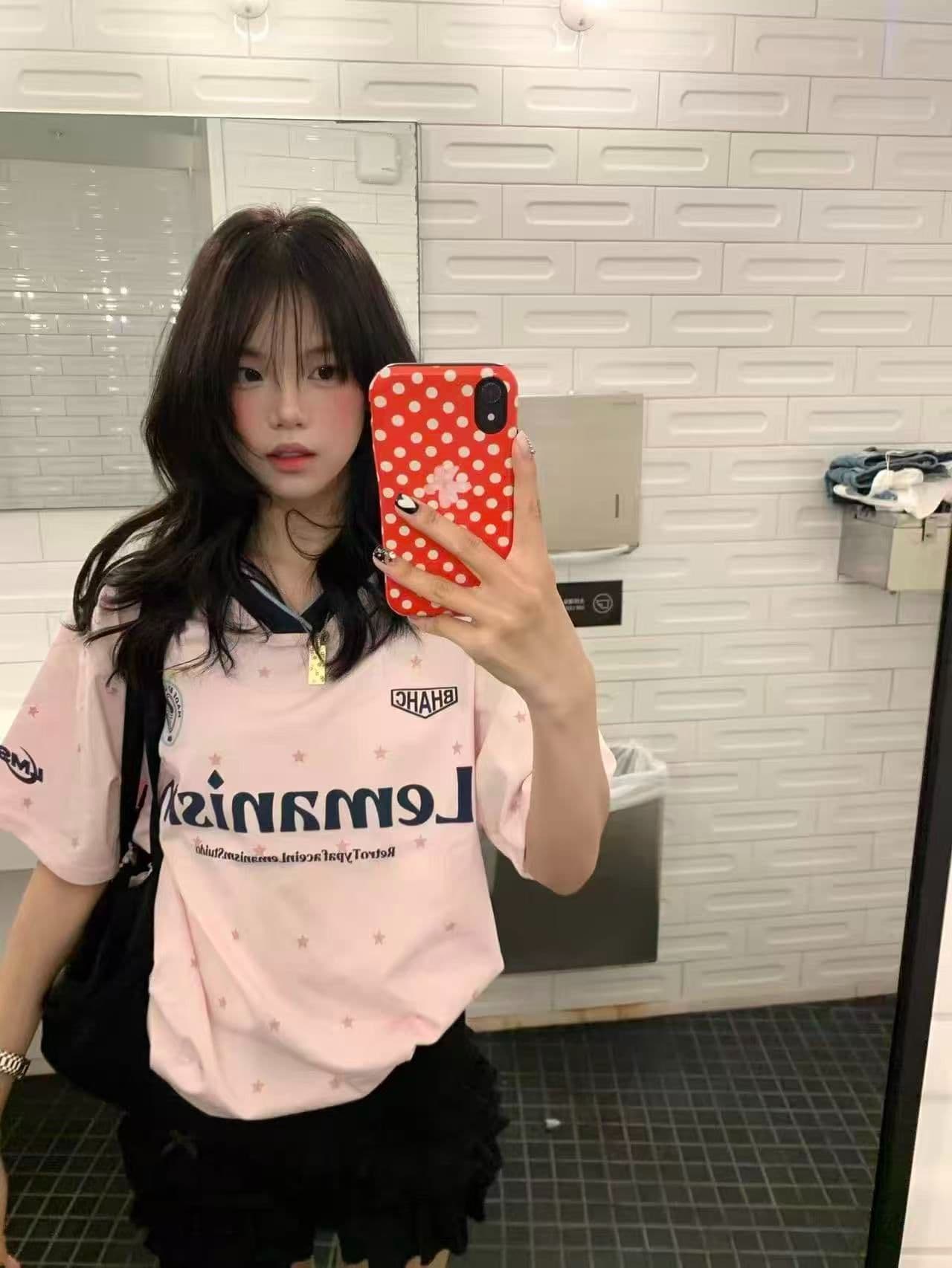 저지 원단 원본 솜씨 아메리칸 레트로 별 프린트 V넥 반팔 루즈핏 티셔츠 여름 남녀 커플 상세 이미지 8