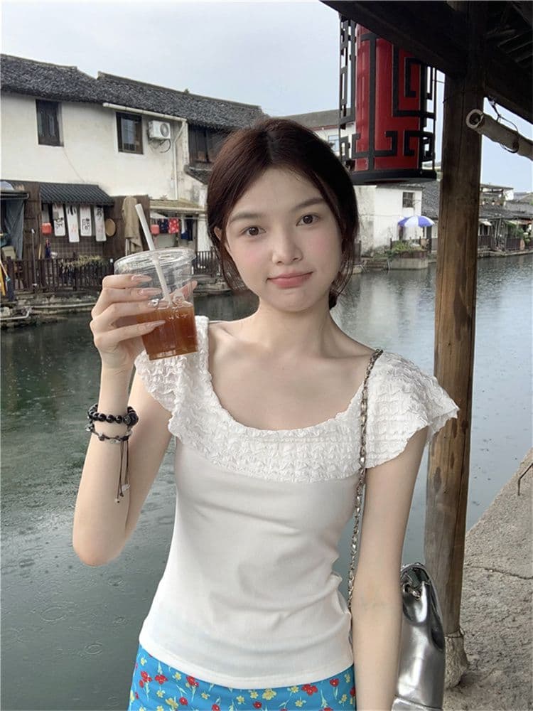 1 1 모달 프릴 자카드 라운드 넥 반팔 티셔츠 여성 여름 부드러운 몸매 가꾸기 슬림해 보이는 디자인 센스 품격 맨위