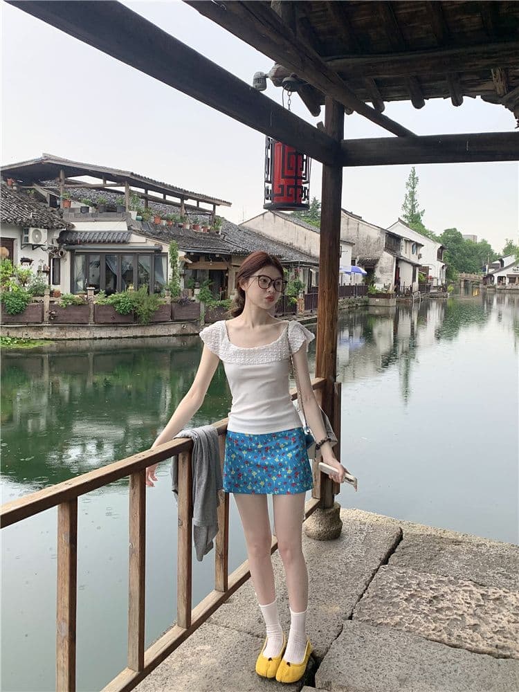 1 1 모달 프릴 자카드 라운드 넥 반팔 티셔츠 여성 여름 부드러운 몸매 가꾸기 슬림해 보이는 디자인 센스 품격 맨위 이미지 3