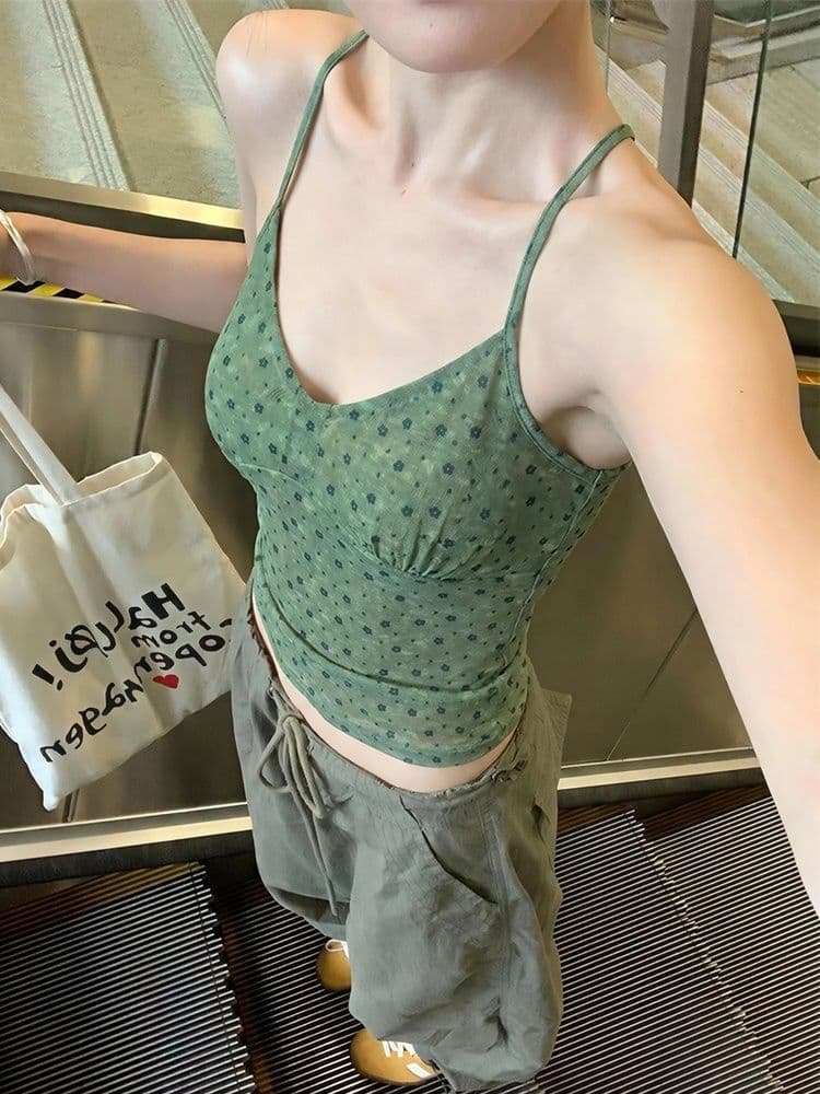 40d 메시 원단 프랑스식 부드러운 바람 꽃무늬 민소매 작은 슬링 여성 여름 몸매 가꾸기 꼬집기 허리 핫걸 고유 한 아름다운 맨위 이미지 4