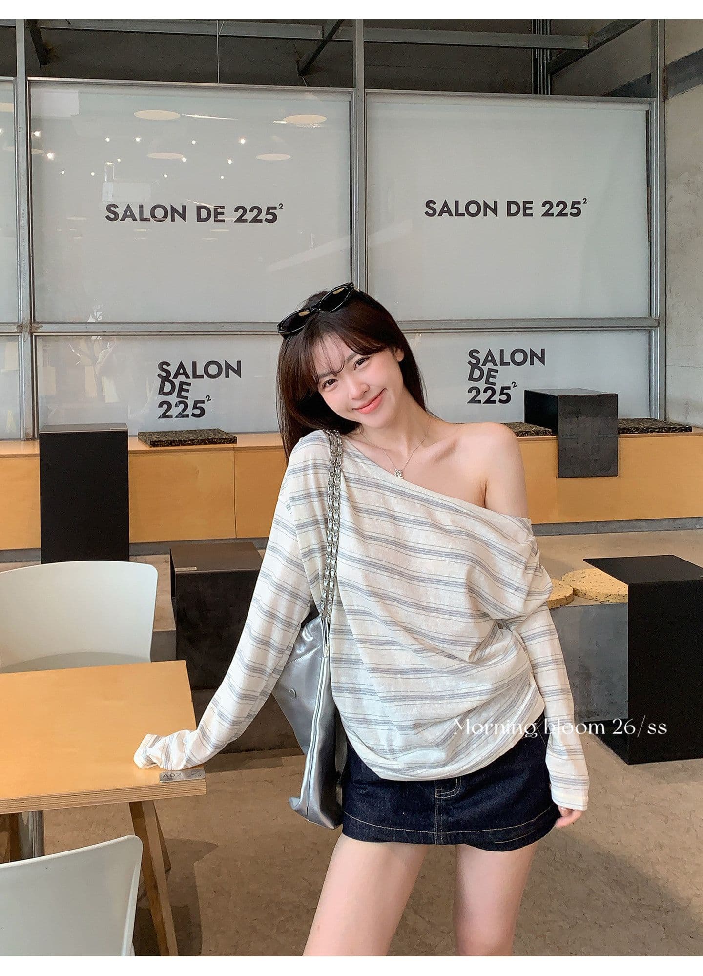 한 부서 스트라이프 비스듬한 어깨 자외선 차단 티셔츠 여성 의류 여름 느긋한 바람이 아닙니다. 명중 섹션 블라우스 맨위 상세 이미지 2