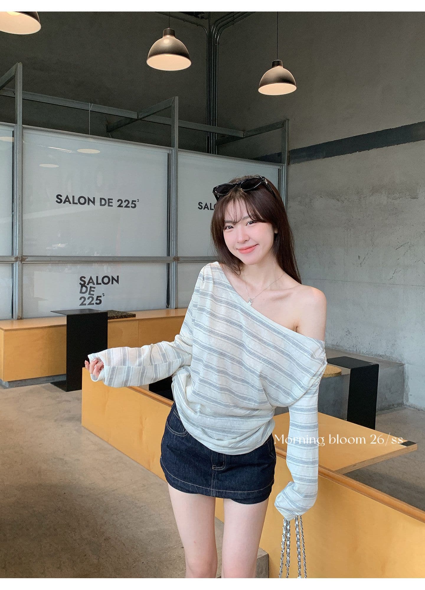 한 부서 스트라이프 비스듬한 어깨 자외선 차단 티셔츠 여성 의류 여름 느긋한 바람이 아닙니다. 명중 섹션 블라우스 맨위 상세 이미지 8