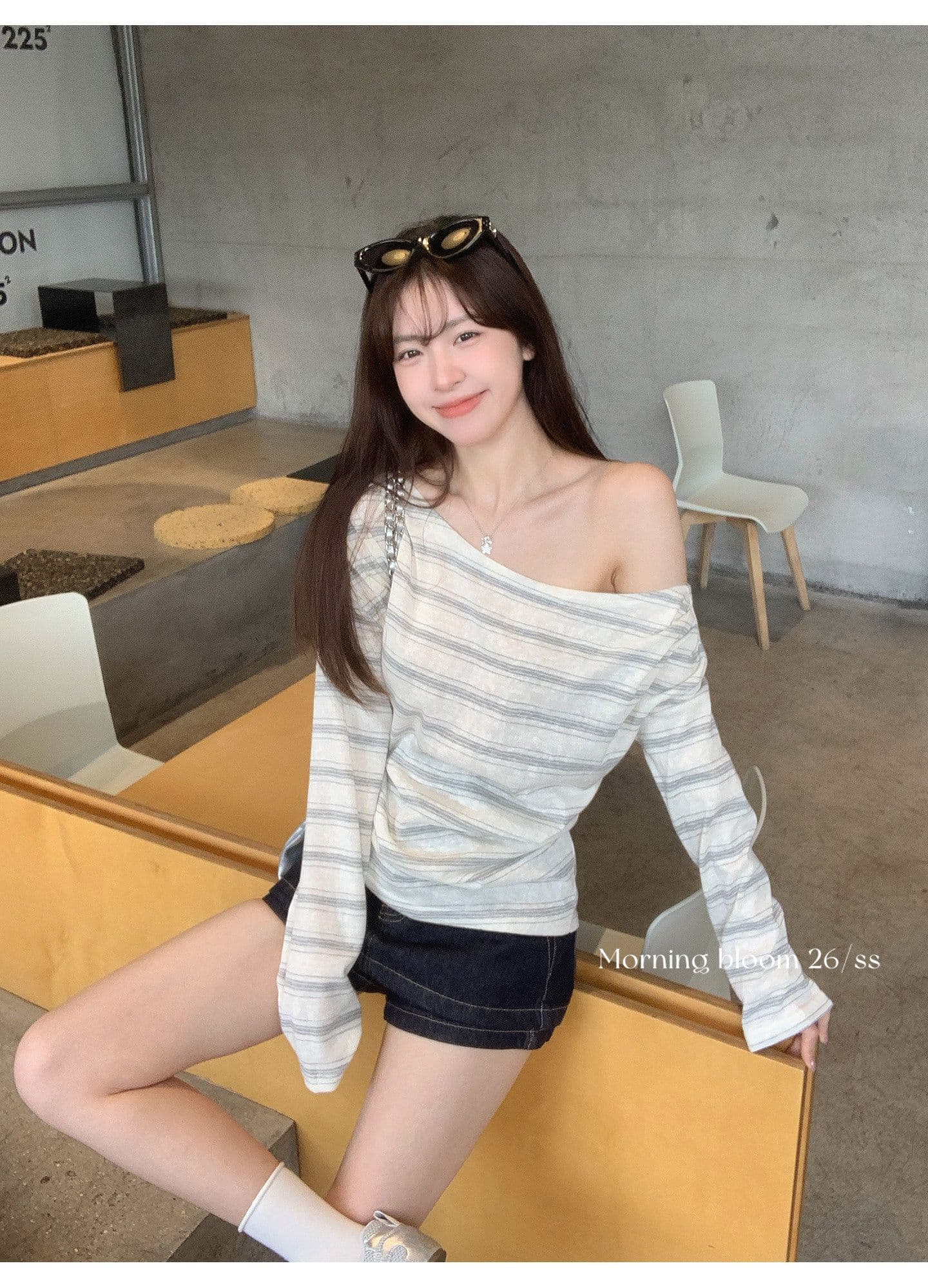 한 부서 스트라이프 비스듬한 어깨 자외선 차단 티셔츠 여성 의류 여름 느긋한 바람이 아닙니다. 명중 섹션 블라우스 맨위 상세 이미지 13