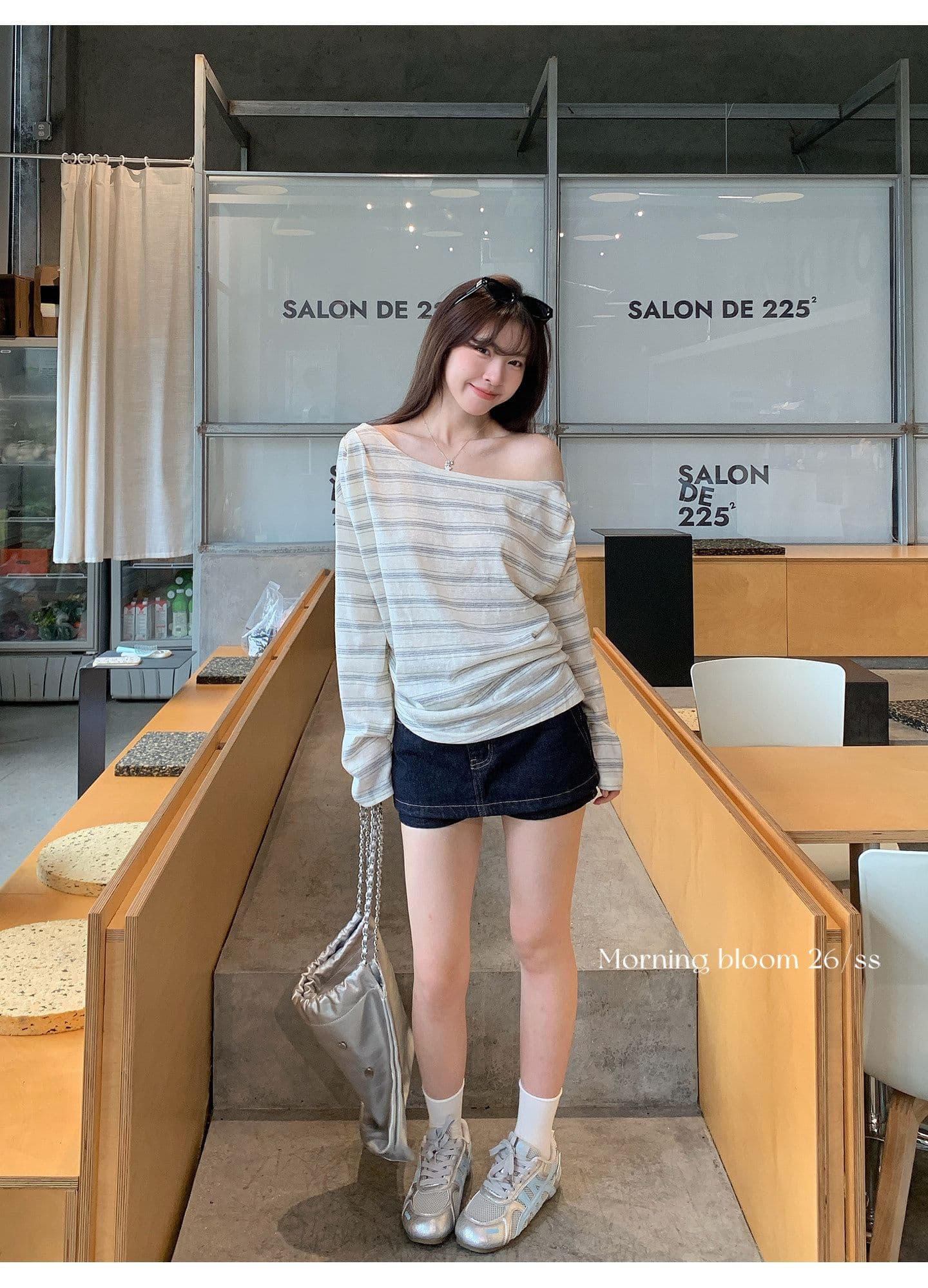 한 부서 스트라이프 비스듬한 어깨 자외선 차단 티셔츠 여성 의류 여름 느긋한 바람이 아닙니다. 명중 섹션 블라우스 맨위 상세 이미지 14