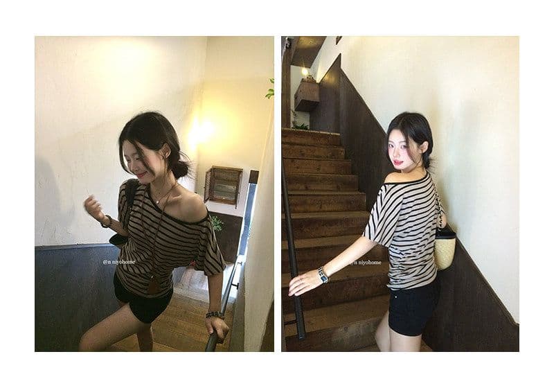 작은 요정 니켈 어린이 스트라이프 비스듬한 어깨 티셔츠 여성 2026 여름 작은 대중 새로운 슬림해 보이는 허리 수축 배색 오프숄더 작은 맨위 상세 이미지 20