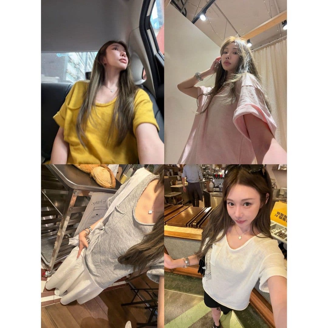 대나무 마디 면 tee 대나무 마디 코튼 롤 측면 주머니 반팔 티셔츠 여성 디자인 센스 루즈핏 슬림해 보이는 한 부서