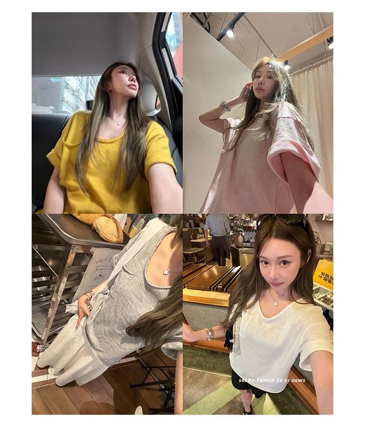 대나무 마디 면 tee 대나무 마디 코튼 롤 측면 주머니 반팔 티셔츠 여성 디자인 센스 루즈핏 슬림해 보이는 한 부서 상세 이미지 1