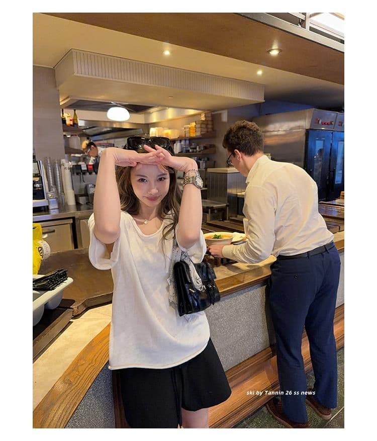 대나무 마디 면 tee 대나무 마디 코튼 롤 측면 주머니 반팔 티셔츠 여성 디자인 센스 루즈핏 슬림해 보이는 한 부서 상세 이미지 6