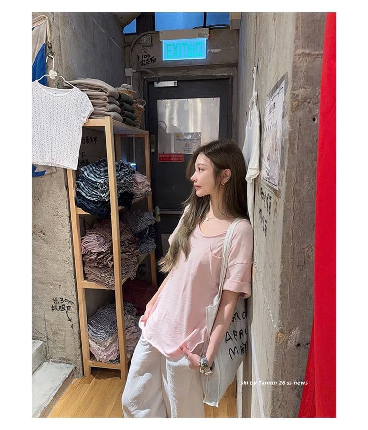 대나무 마디 면 tee 대나무 마디 코튼 롤 측면 주머니 반팔 티셔츠 여성 디자인 센스 루즈핏 슬림해 보이는 한 부서 상세 이미지 29