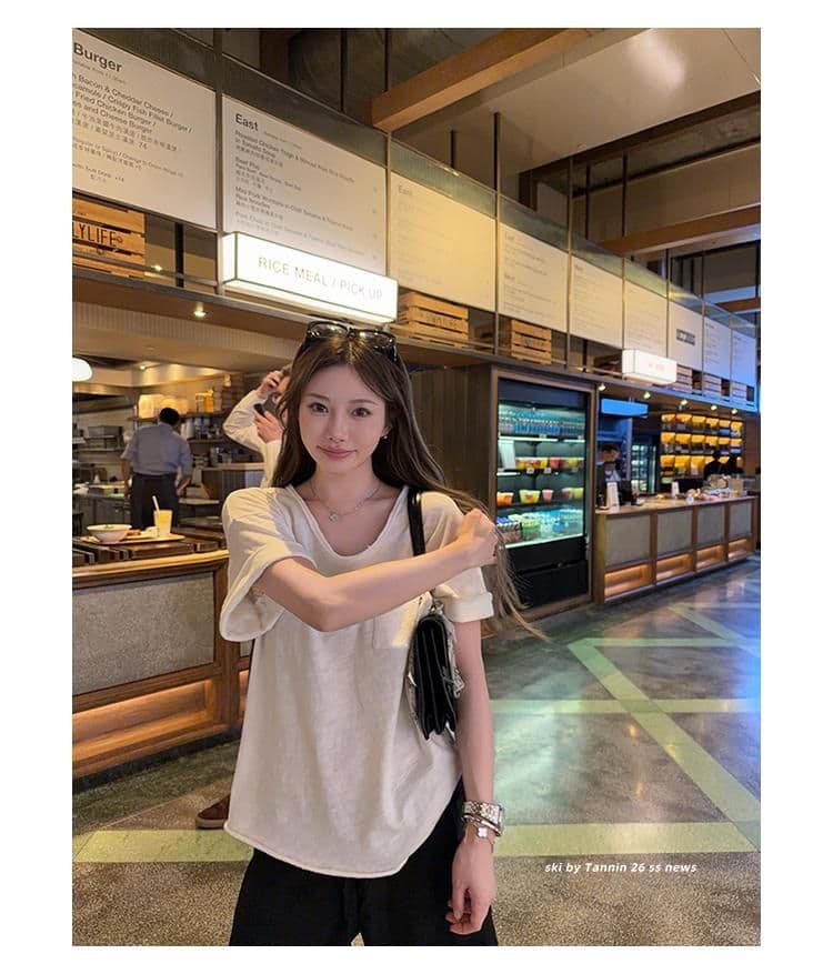 대나무 마디 면 tee 대나무 마디 코튼 롤 측면 주머니 반팔 티셔츠 여성 디자인 센스 루즈핏 슬림해 보이는 한 부서 상세 이미지 38