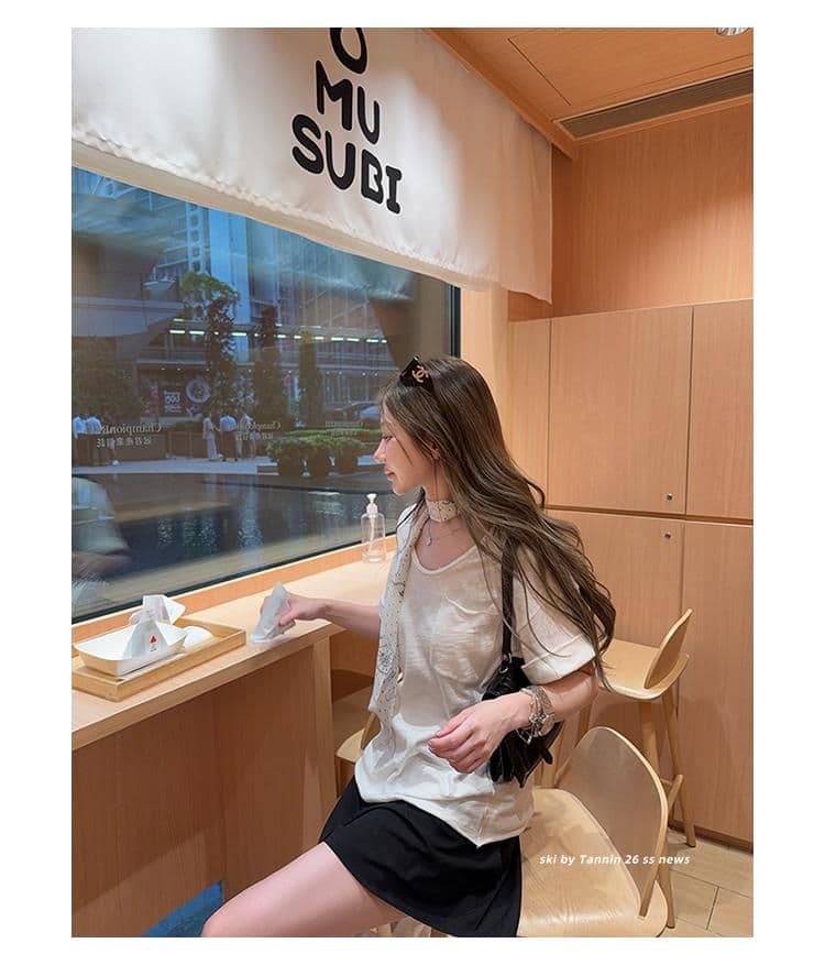 대나무 마디 면 tee 대나무 마디 코튼 롤 측면 주머니 반팔 티셔츠 여성 디자인 센스 루즈핏 슬림해 보이는 한 부서 상세 이미지 44