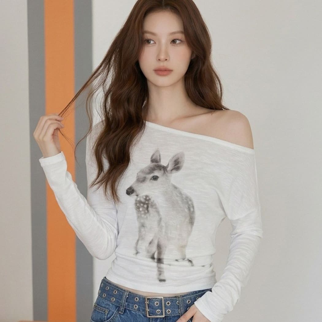 순면 대나무 마디 화이트 작은 사슴 프린트 비스듬한 어깨 긴팔 티셔츠 여성 여름 핫걸 바람 오프숄더 자외선 차단 블라우스 맨위 이미지 5