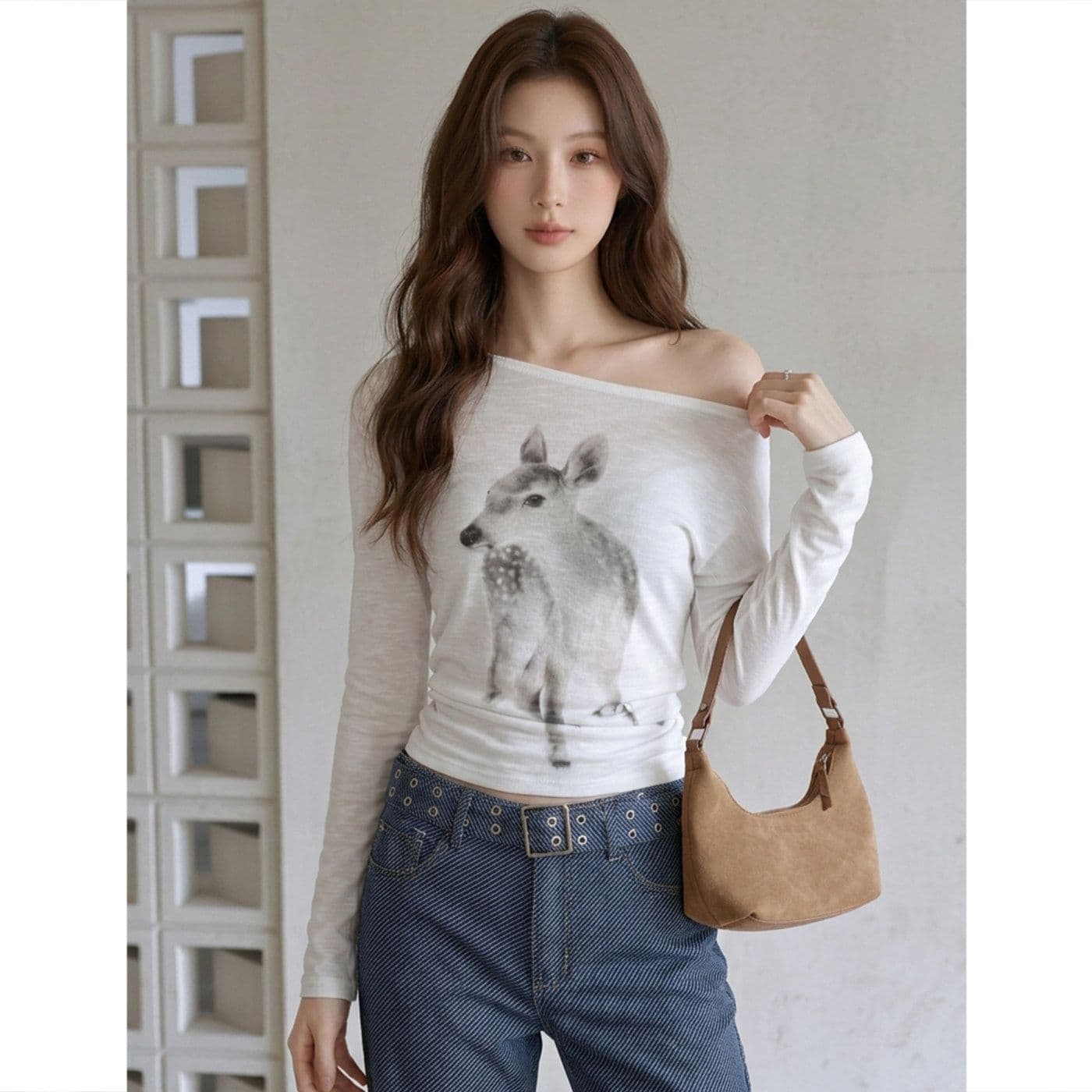 순면 대나무 마디 화이트 작은 사슴 프린트 비스듬한 어깨 긴팔 티셔츠 여성 여름 핫걸 바람 오프숄더 자외선 차단 블라우스 맨위 상세 이미지 1