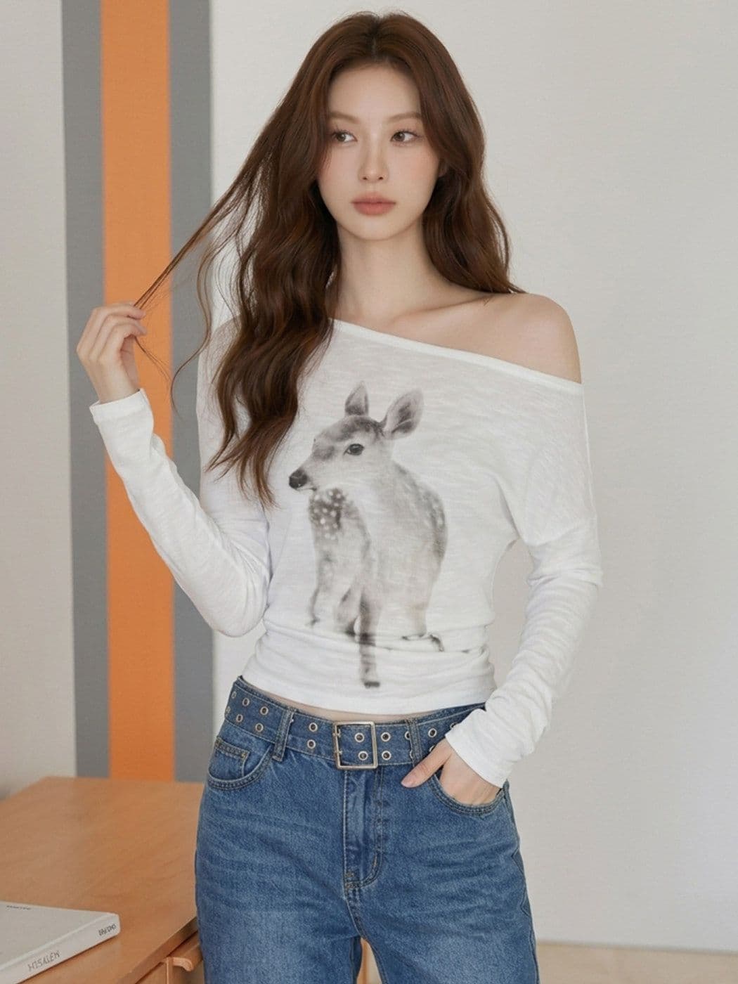 순면 대나무 마디 화이트 작은 사슴 프린트 비스듬한 어깨 긴팔 티셔츠 여성 여름 핫걸 바람 오프숄더 자외선 차단 블라우스 맨위 상세 이미지 3