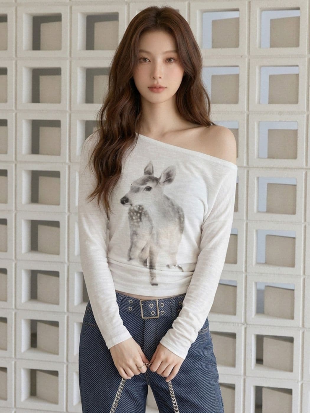 순면 대나무 마디 화이트 작은 사슴 프린트 비스듬한 어깨 긴팔 티셔츠 여성 여름 핫걸 바람 오프숄더 자외선 차단 블라우스 맨위 상세 이미지 5