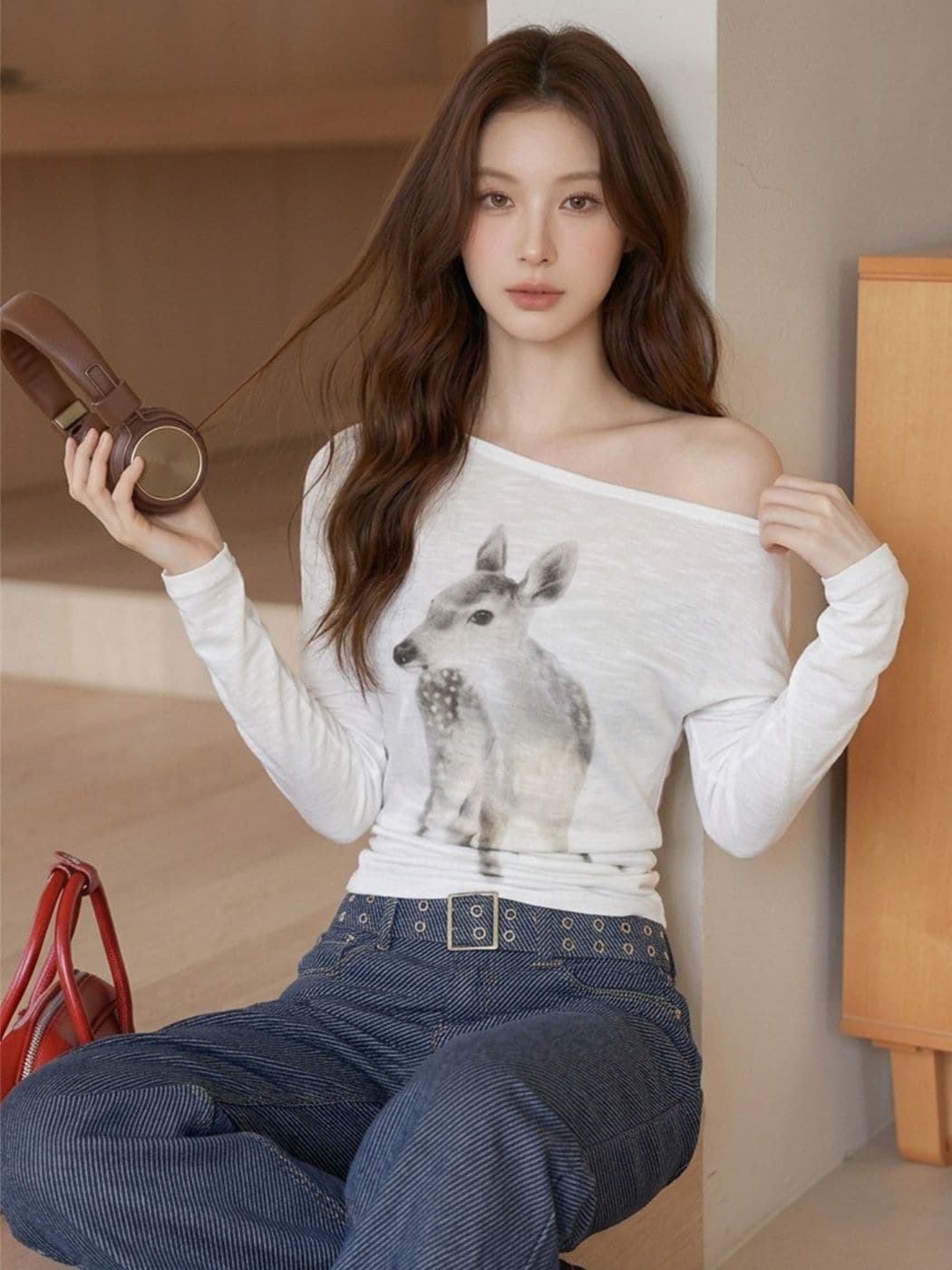 순면 대나무 마디 화이트 작은 사슴 프린트 비스듬한 어깨 긴팔 티셔츠 여성 여름 핫걸 바람 오프숄더 자외선 차단 블라우스 맨위 상세 이미지 6