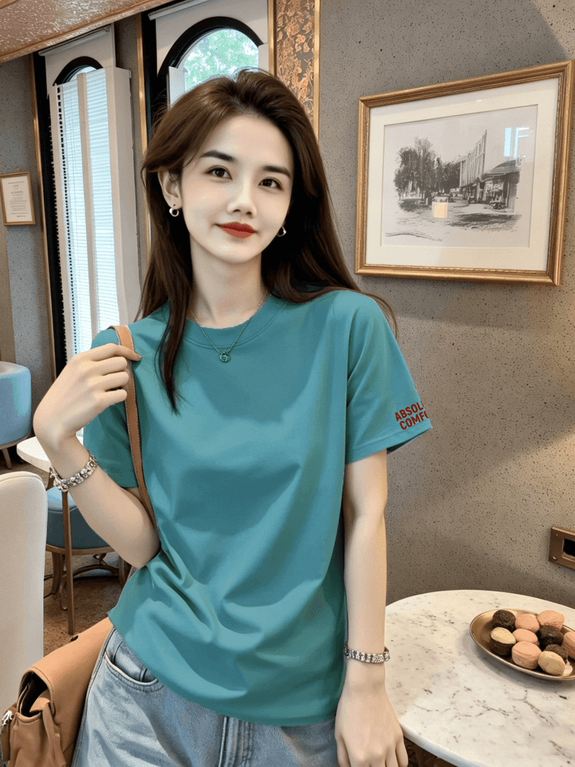 40 순면 여름 라운드 넥 알파벳 프린트 반팔 티셔츠 여성 2026 새로운 캐주얼 루즈핏 상세 이미지 1