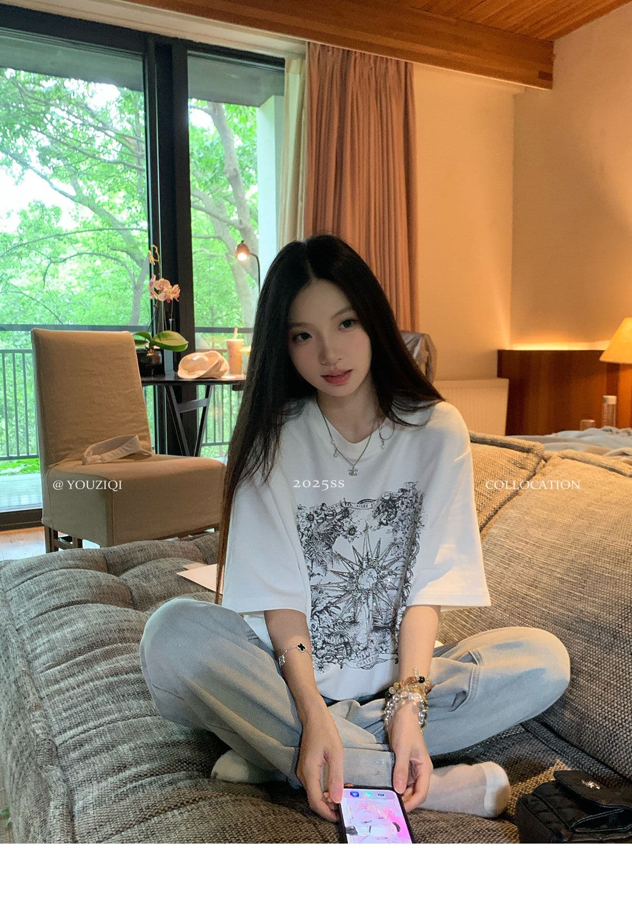 원본 원단 핫픽스 화이트 핫픽스 반팔 티셔츠 여성 디자인 센스 레트로 라운드 넥 프린트 루즈핏 맨위 상세 이미지 3