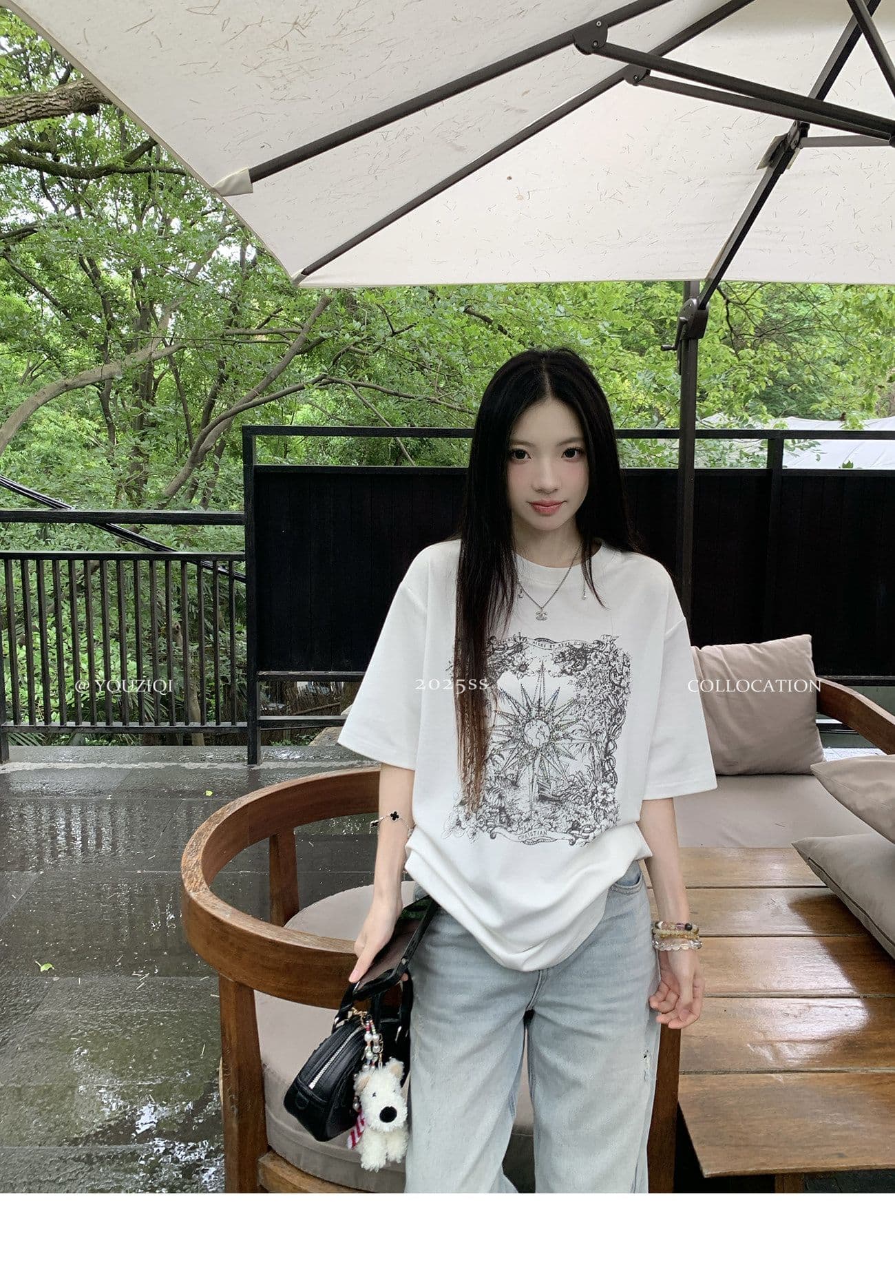 원본 원단 핫픽스 화이트 핫픽스 반팔 티셔츠 여성 디자인 센스 레트로 라운드 넥 프린트 루즈핏 맨위 상세 이미지 10